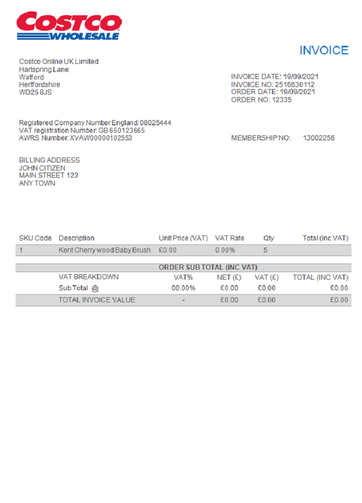 USA Costco invoice PSD template